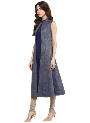 Aahwan Women's Blue Denim A-line Long Kurti